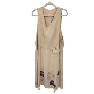Blue Fish VTG 1999 Maxi Dress Womens XL Tan‎ Linen Coffee Tea Pot Print Pocket